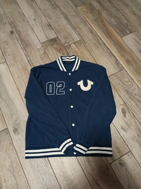 True Religion Navy and White Varsity Bomber Jacket